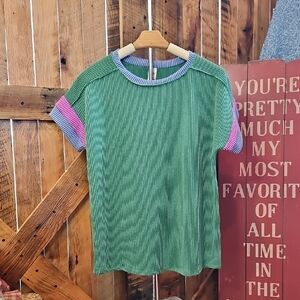 7th Ray Green Short-Sleeve Knit Top with Purple and Pink Trim